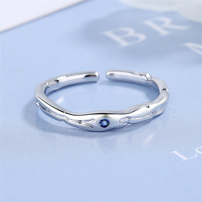 Blue Cubic Zirconia and Silver-Plated Open Ring, silver statement rings for women, vintage-inspired design, front view