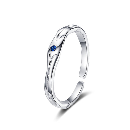 Blue Cubic Zirconia and Silver-Plated Open Ring, silver statement rings for women, vintage-inspired design, side view