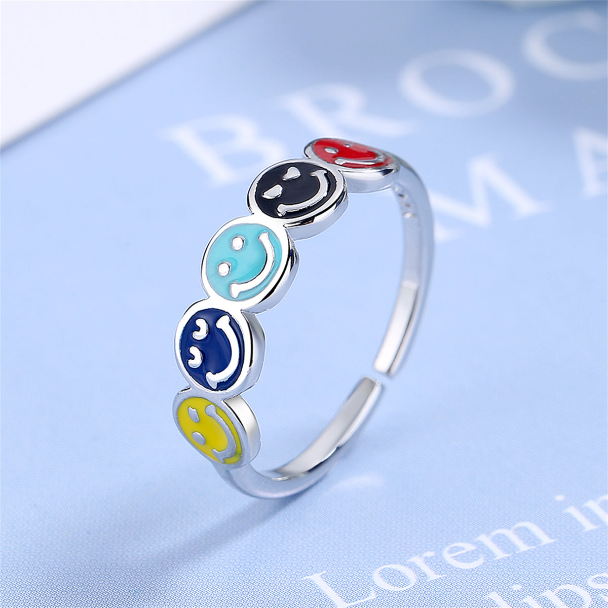 Blue Enamel and Silver-Plated Smiley Open Ring, silver statement rings for women, vintage-inspired design, lifestyle look