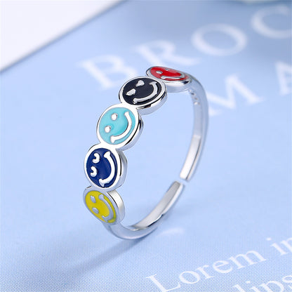 Blue Enamel and Silver-Plated Smiley Open Ring, silver statement rings for women, vintage-inspired design, lifestyle look