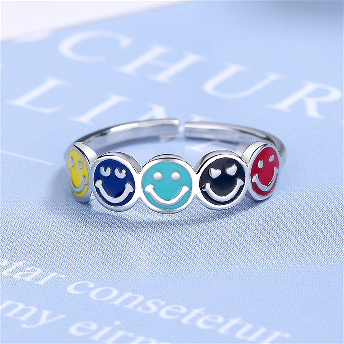 Blue Enamel and Silver-Plated Smiley Open Ring, silver statement rings for women, vintage-inspired design, detail close-up