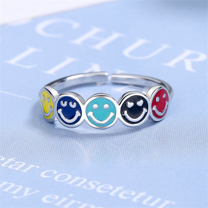 Blue Enamel and Silver-Plated Smiley Open Ring, silver statement rings for women, vintage-inspired design, detail close-up