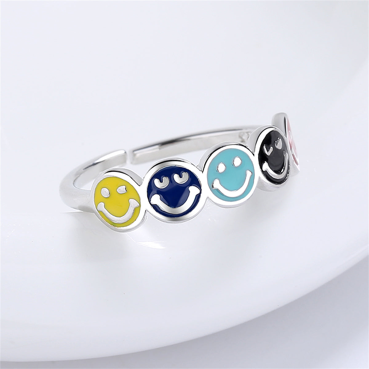 Blue Enamel and Silver-Plated Smiley Open Ring, silver statement rings for women, vintage-inspired design, front view