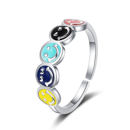 Blue Enamel and Silver-Plated Smiley Open Ring, silver statement rings for women, vintage-inspired design, side view