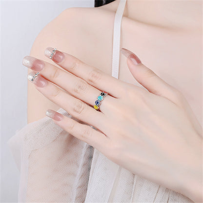 Blue Enamel and Silver-Plated Smiley Open Ring, silver statement rings for women, vintage-inspired design, styled look