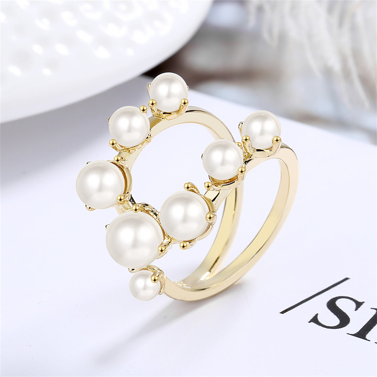 Pearl and 18K Gold-Plated Botanical Open Ring, gold statement rings for women, elegant gift for her, front view