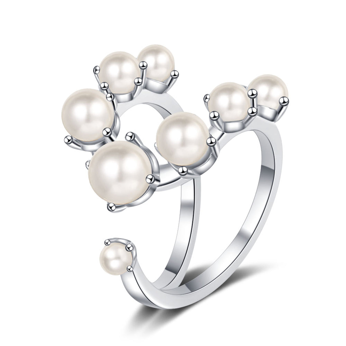 Pearl and Silver-Plated Botanical Open Ring, silver statement rings for women, elegant gift for her, detail close-up