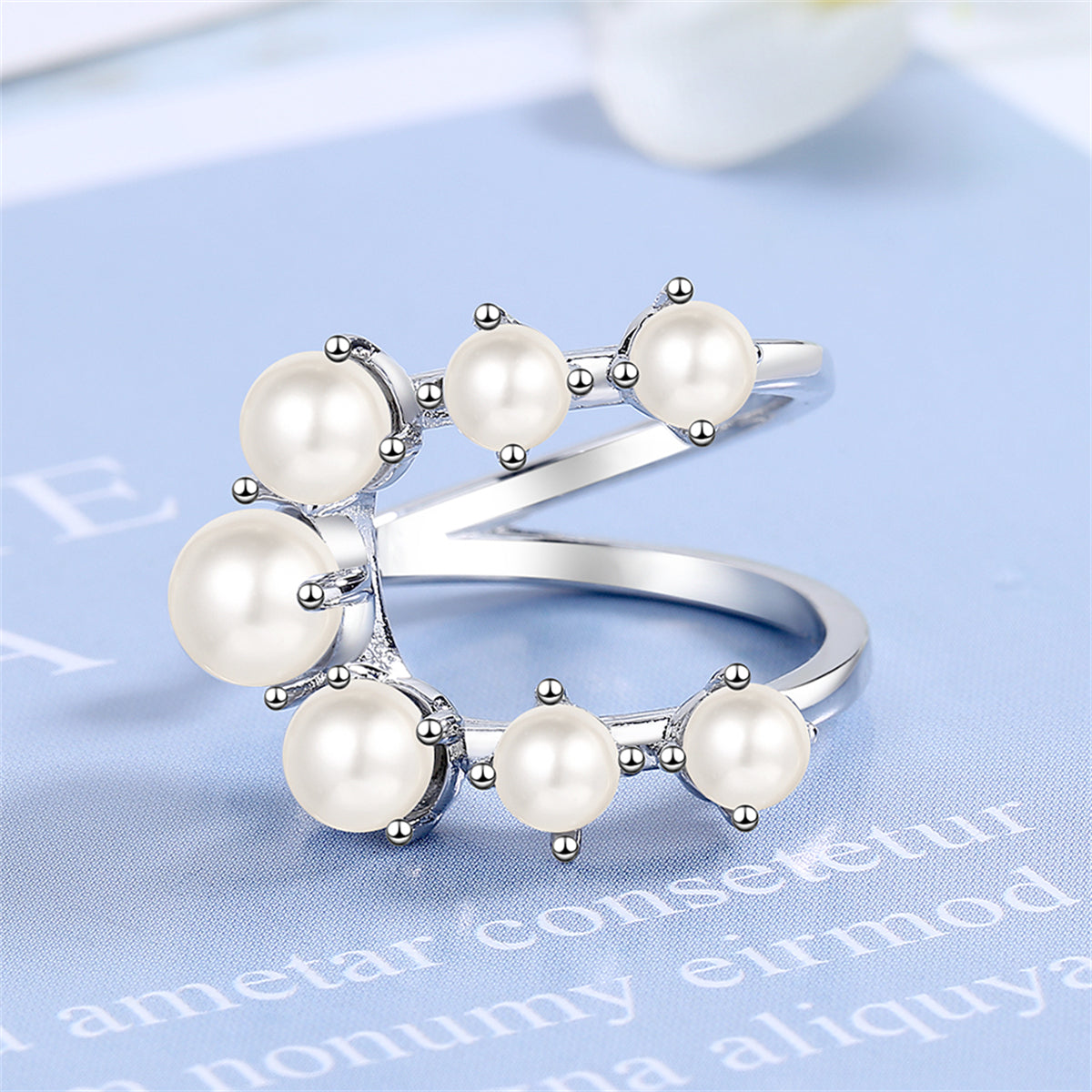 Pearl and Silver-Plated Botanical Open Ring, silver statement rings for women, elegant gift for her, front view