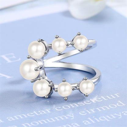 Pearl and Silver-Plated Botanical Open Ring, silver statement rings for women, elegant gift for her, front view