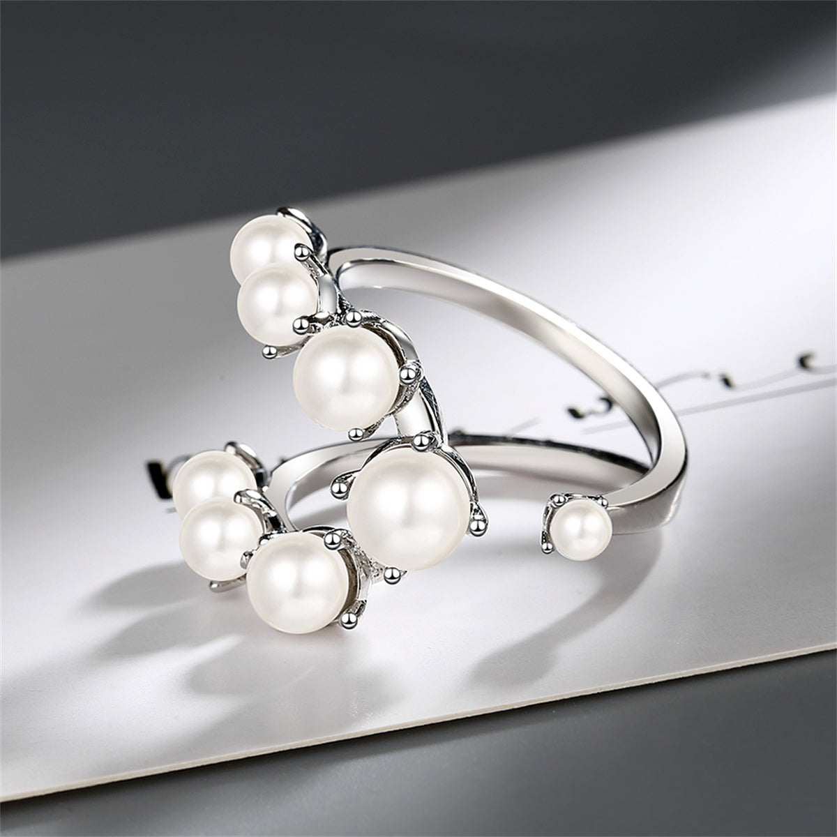 Pearl and Silver-Plated Botanical Open Ring, silver statement rings for women, elegant gift for her, side view