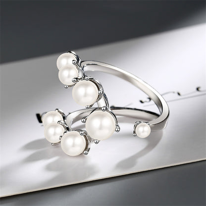 Pearl and Silver-Plated Botanical Open Ring, silver statement rings for women, elegant gift for her, side view