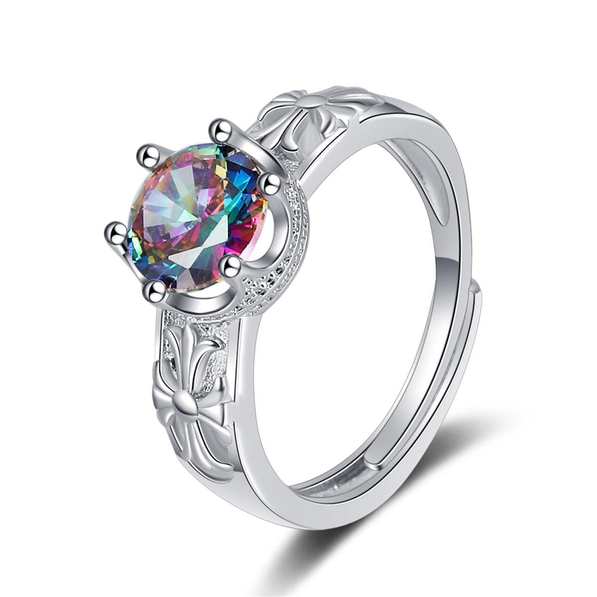 Multicolor Crystal and Silver-Plated Cocktail Ring, silver statement rings for women, botanical inspired, front view