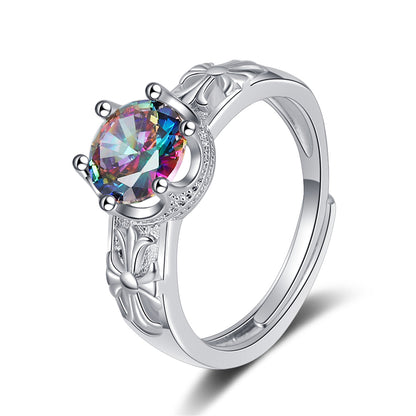 Multicolor Crystal and Silver-Plated Cocktail Ring, silver statement rings for women, botanical inspired, front view