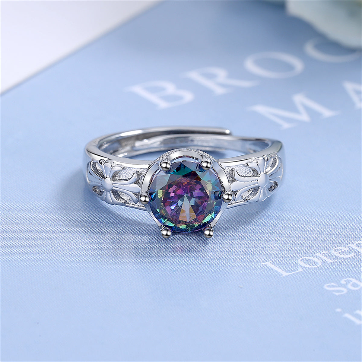 Multicolor Crystal and Silver-Plated Cocktail Ring, silver statement rings for women, botanical inspired, styled look