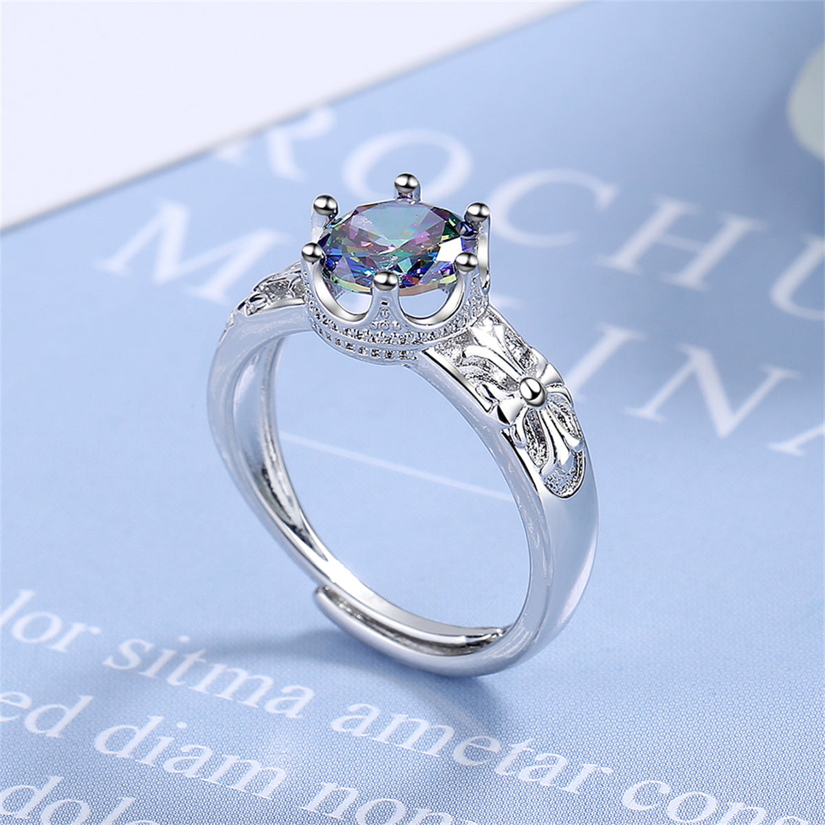 Multicolor Crystal and Silver-Plated Cocktail Ring, silver statement rings for women, botanical inspired, side view