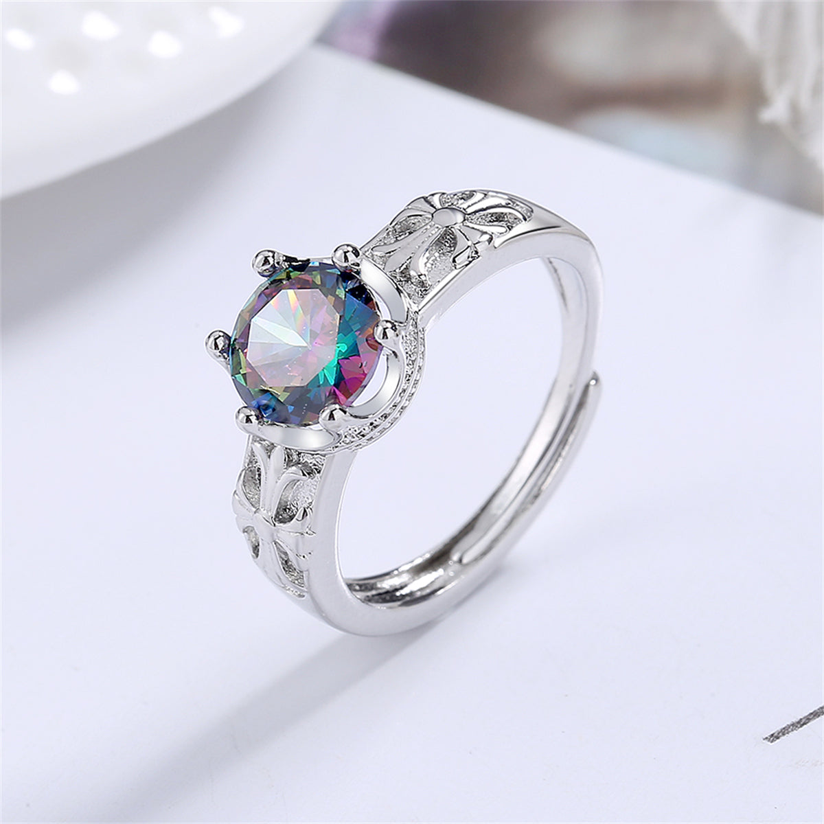 Multicolor Crystal and Silver-Plated Cocktail Ring, silver statement rings for women, botanical inspired, detail close-up