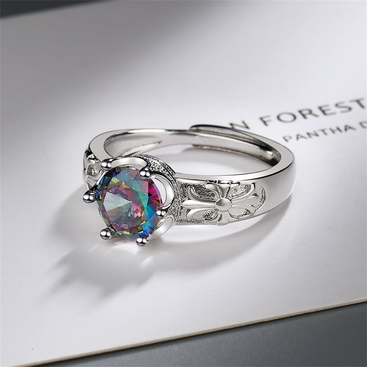 Multicolor Crystal and Silver-Plated Cocktail Ring, silver statement rings for women, botanical inspired, lifestyle look