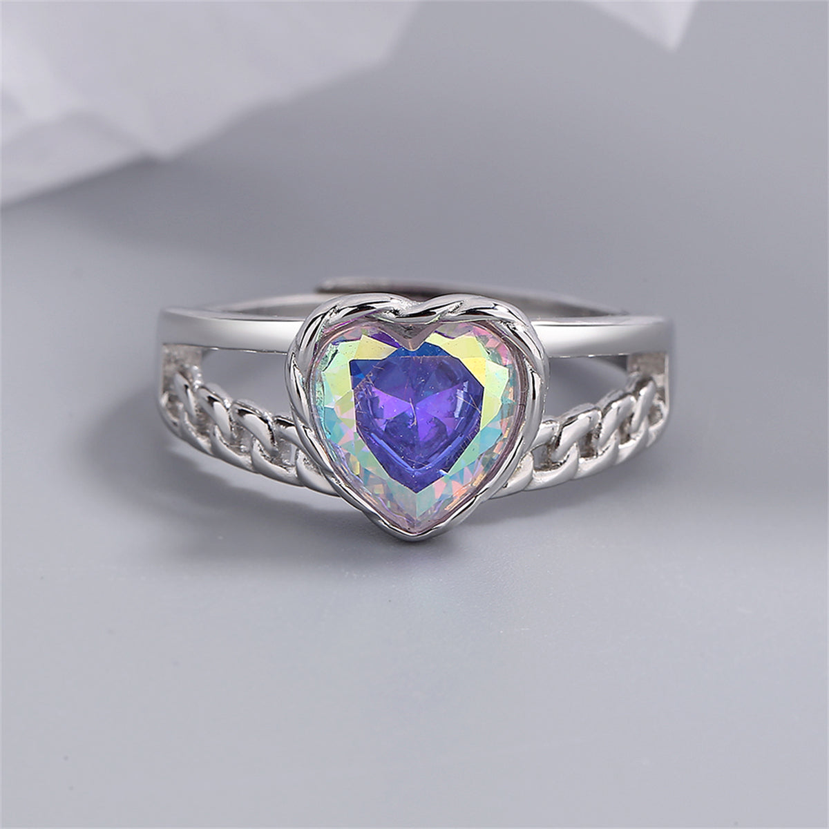 Blue Multicolor Crystal and Silver-Plated Heart Ring, silver statement rings for women, botanical inspired, front view
