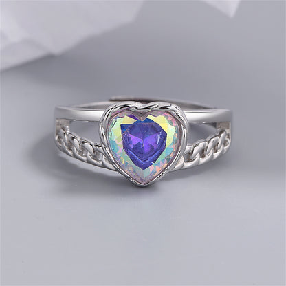 Blue Multicolor Crystal and Silver-Plated Heart Ring, silver statement rings for women, botanical inspired, front view