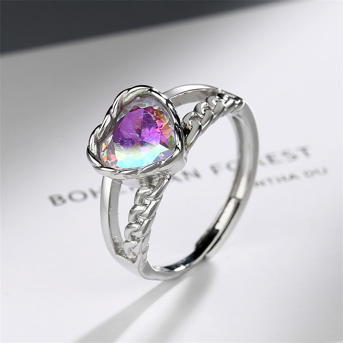 Blue Multicolor Crystal and Silver-Plated Heart Ring, silver statement rings for women, botanical inspired, styled look