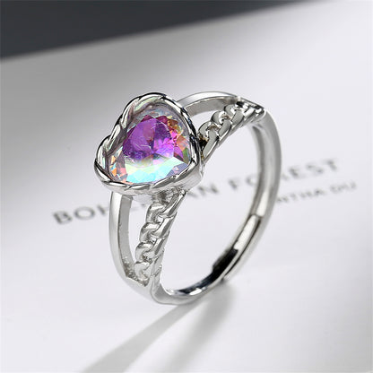 Blue Multicolor Crystal and Silver-Plated Heart Ring, silver statement rings for women, botanical inspired, styled look