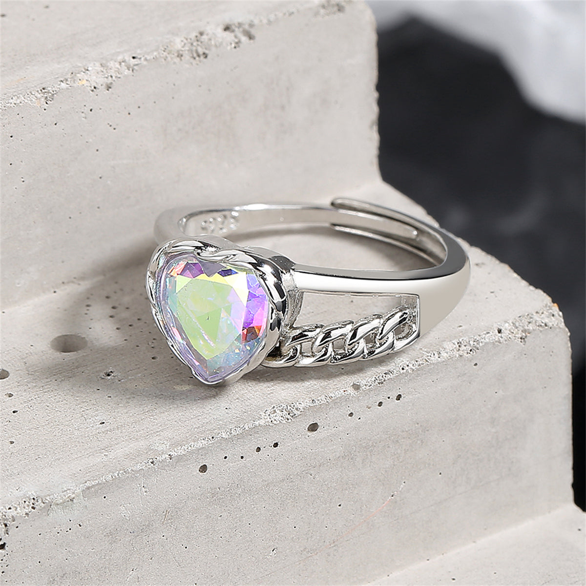 Blue Multicolor Crystal and Silver-Plated Heart Ring, silver statement rings for women, botanical inspired, side view