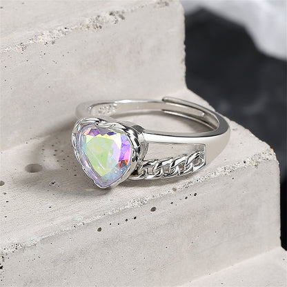 Blue Multicolor Crystal and Silver-Plated Heart Ring, silver statement rings for women, botanical inspired, side view