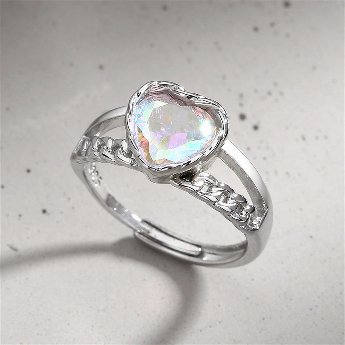 Blue Multicolor Crystal and Silver-Plated Heart Ring, silver statement rings for women, botanical inspired, detail close-up