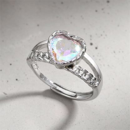 Blue Multicolor Crystal and Silver-Plated Heart Ring, silver statement rings for women, botanical inspired, detail close-up