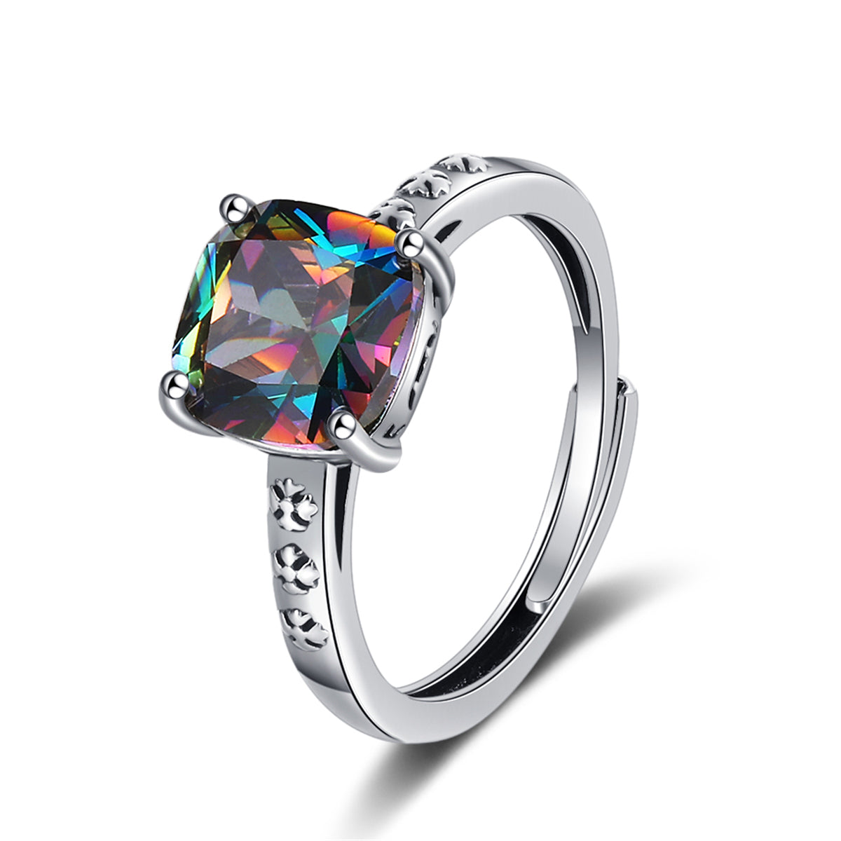 Multicolor Crystal and Silver-Plated Square Ring, silver statement rings for women, dainty minimalist design, front view
