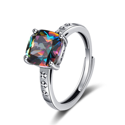 Multicolor Crystal and Silver-Plated Square Ring, silver statement rings for women, dainty minimalist design, front view
