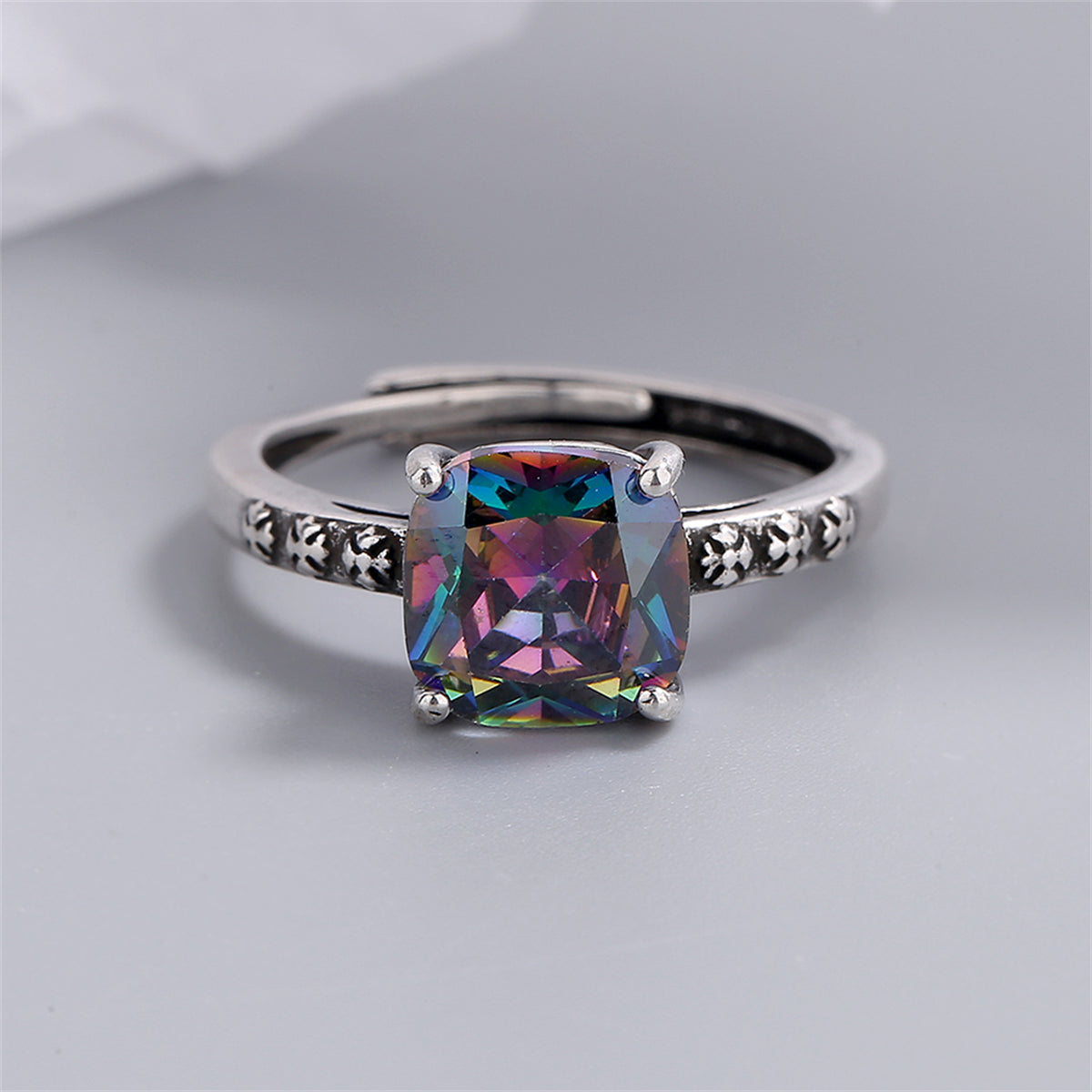 Multicolor Crystal and Silver-Plated Square Ring, silver statement rings for women, dainty minimalist design, side view