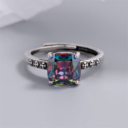 Multicolor Crystal and Silver-Plated Square Ring, silver statement rings for women, dainty minimalist design, side view