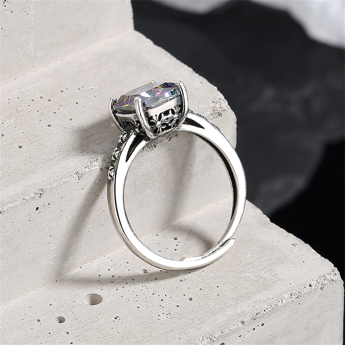 Multicolor Crystal and Silver-Plated Square Ring, silver statement rings for women, dainty minimalist design, detail close-up