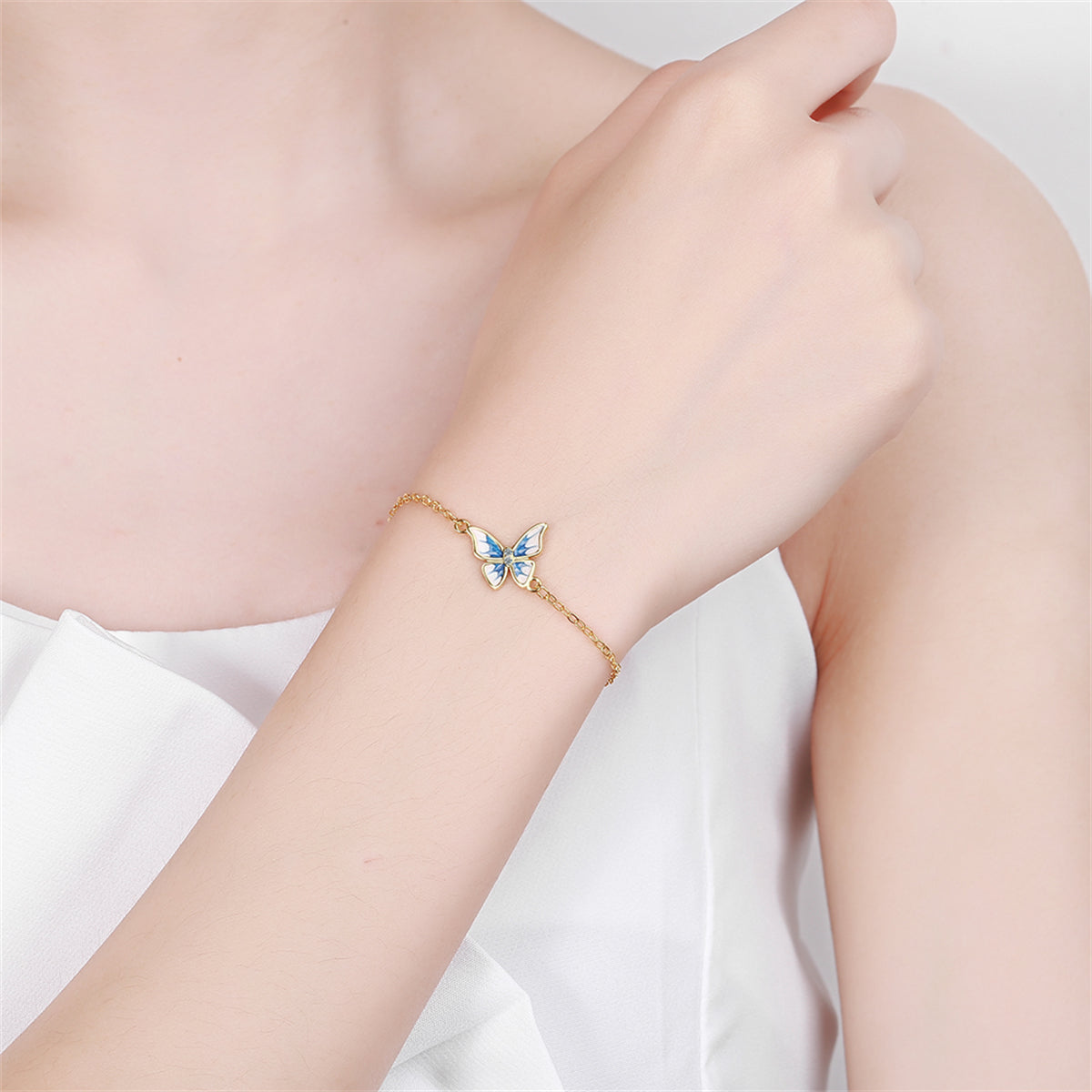 Cubic Zirconia and Enamel 18K Gold-Plated Butterfly Charm Bracelet, gold bracelet for women, front view