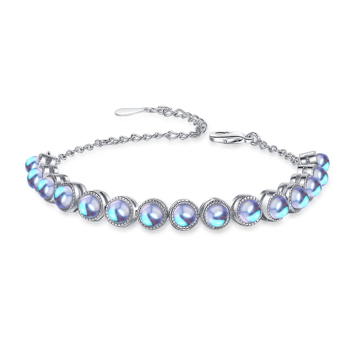 Blue Moonstone and Silver-Plated Beaded Adjustable Bracelet, silver bracelet for women, elegant gift for her, front view