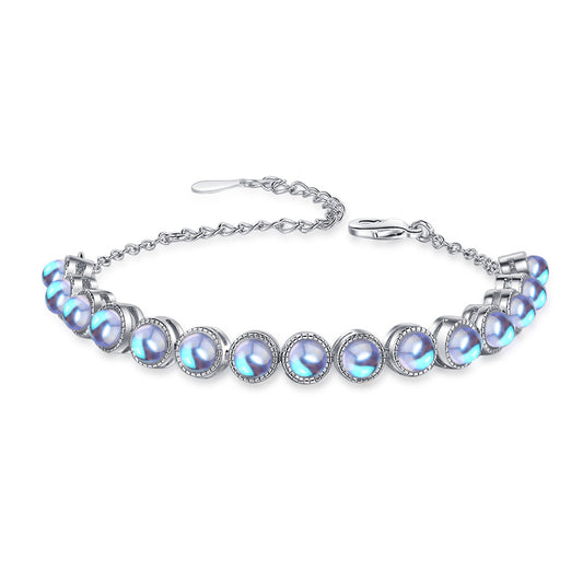 Blue Moonstone and Silver-Plated Beaded Adjustable Bracelet, silver bracelet for women, elegant gift for her, front view