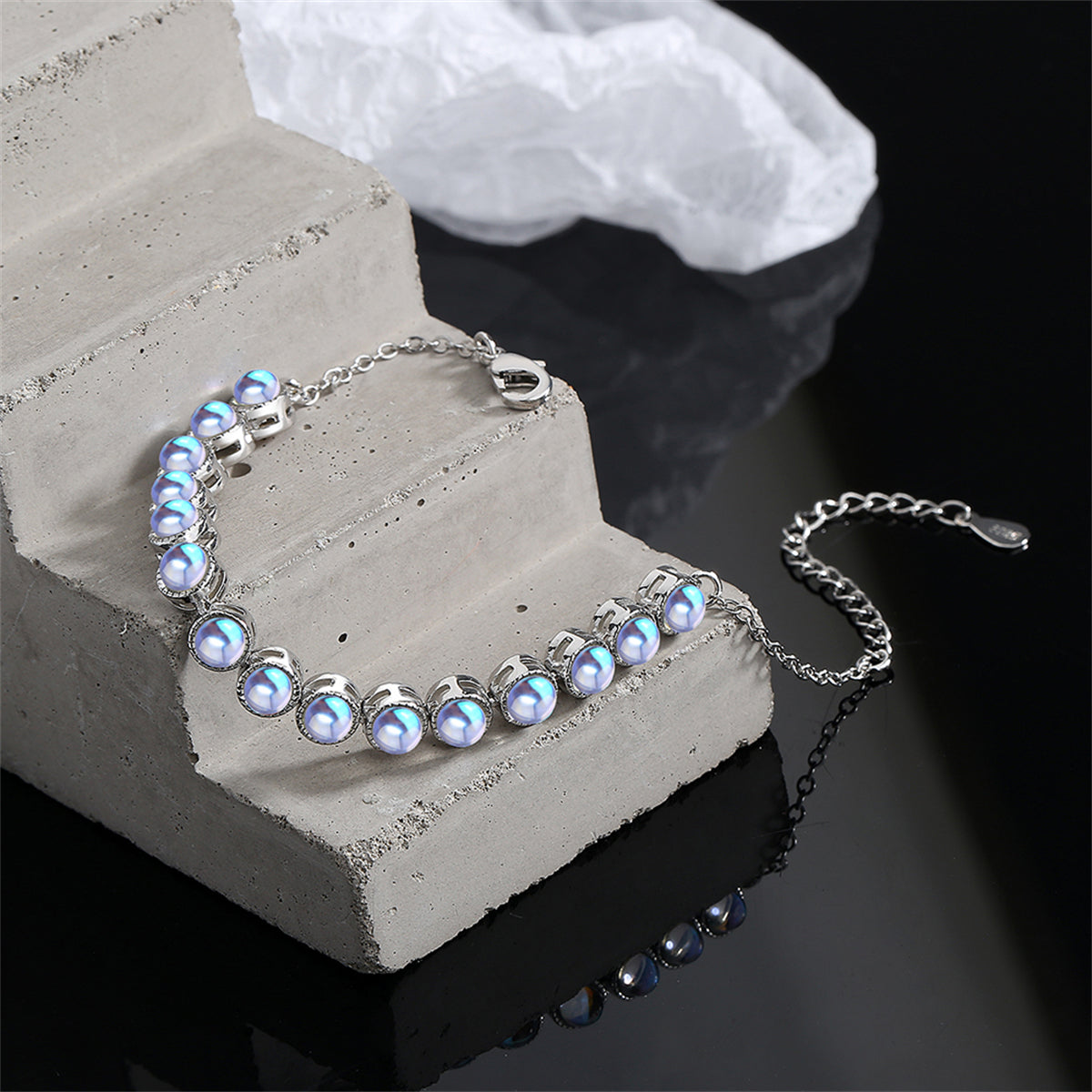 Blue Moonstone and Silver-Plated Beaded Adjustable Bracelet, silver bracelet for women, elegant gift for her, lifestyle look