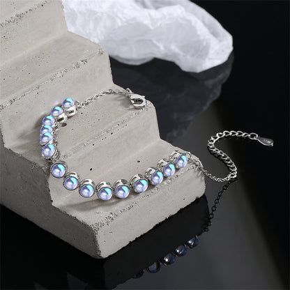 Blue Moonstone and Silver-Plated Beaded Adjustable Bracelet, silver bracelet for women, elegant gift for her, lifestyle look