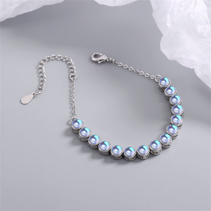Blue Moonstone and Silver-Plated Beaded Adjustable Bracelet, silver bracelet for women, elegant gift for her, side view