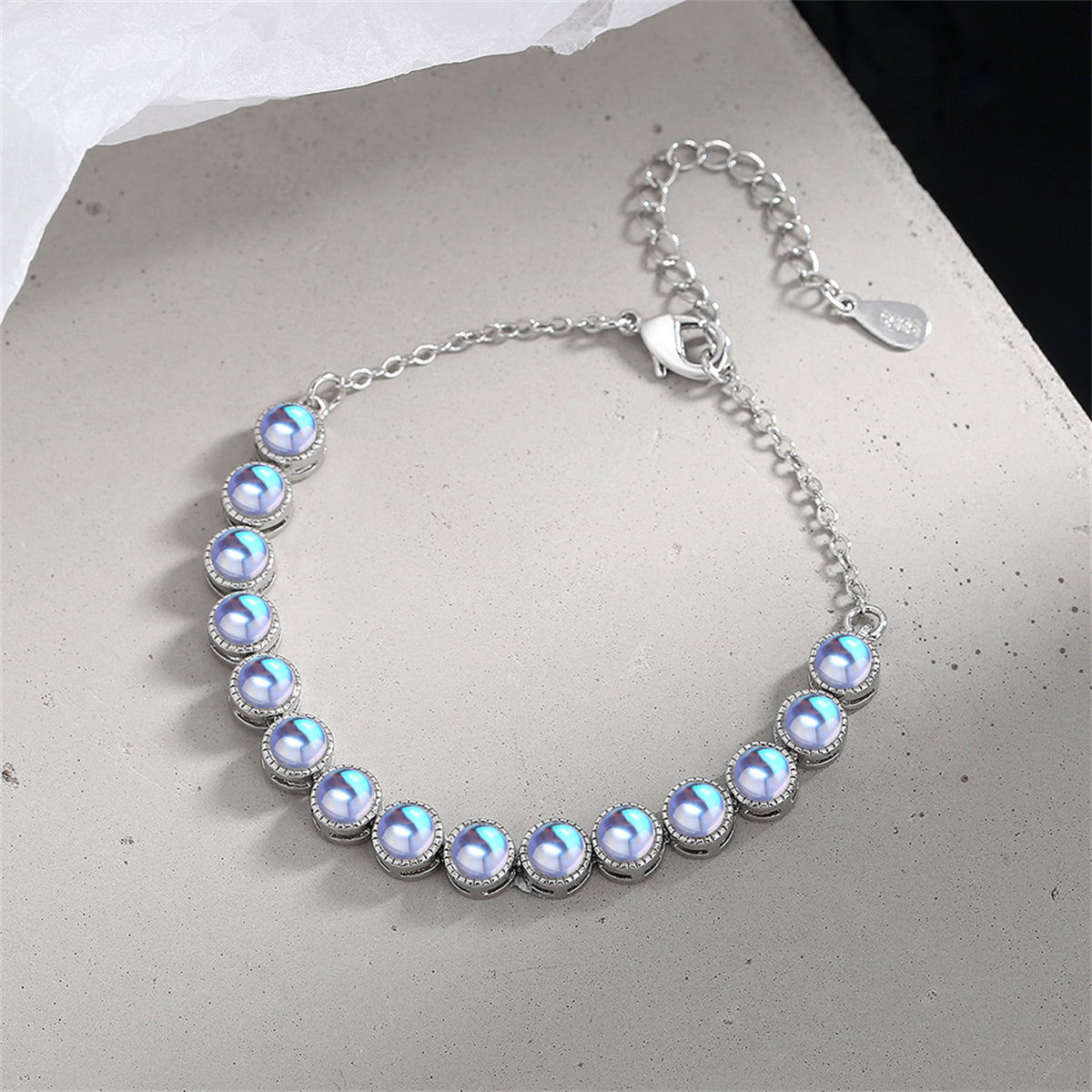 Blue Moonstone & Silver-Plated Beaded Adjustable Bracelet