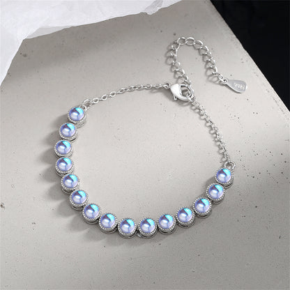 Blue Moonstone and Silver-Plated Beaded Adjustable Bracelet, silver bracelet for women, elegant gift for her, detail close-up