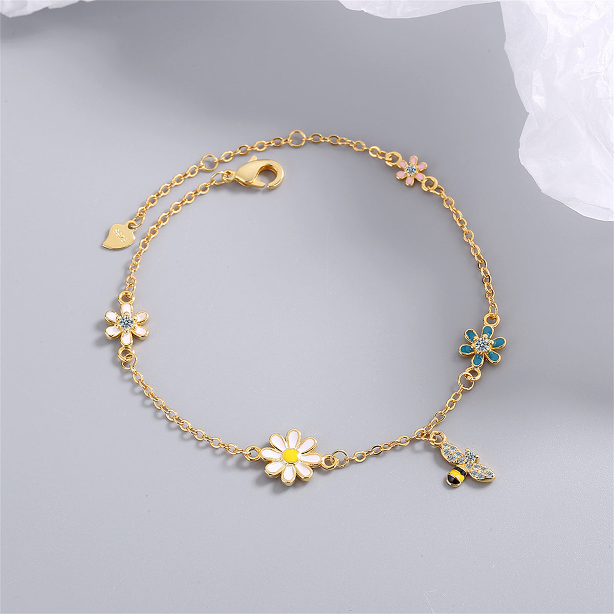 Clear Cubic Zirconia and Enamel 18K Gold-Plated Bee Mum Charm Bracelet, gold bracelet for women, detail close-up