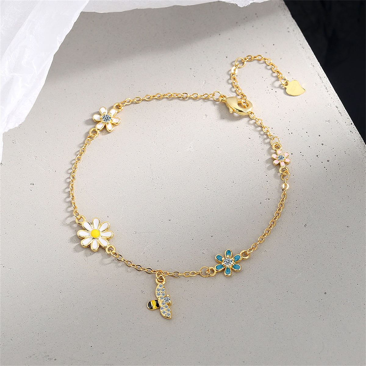 Clear Cubic Zirconia and Enamel 18K Gold-Plated Bee Mum Charm Bracelet, gold bracelet for women, lifestyle look
