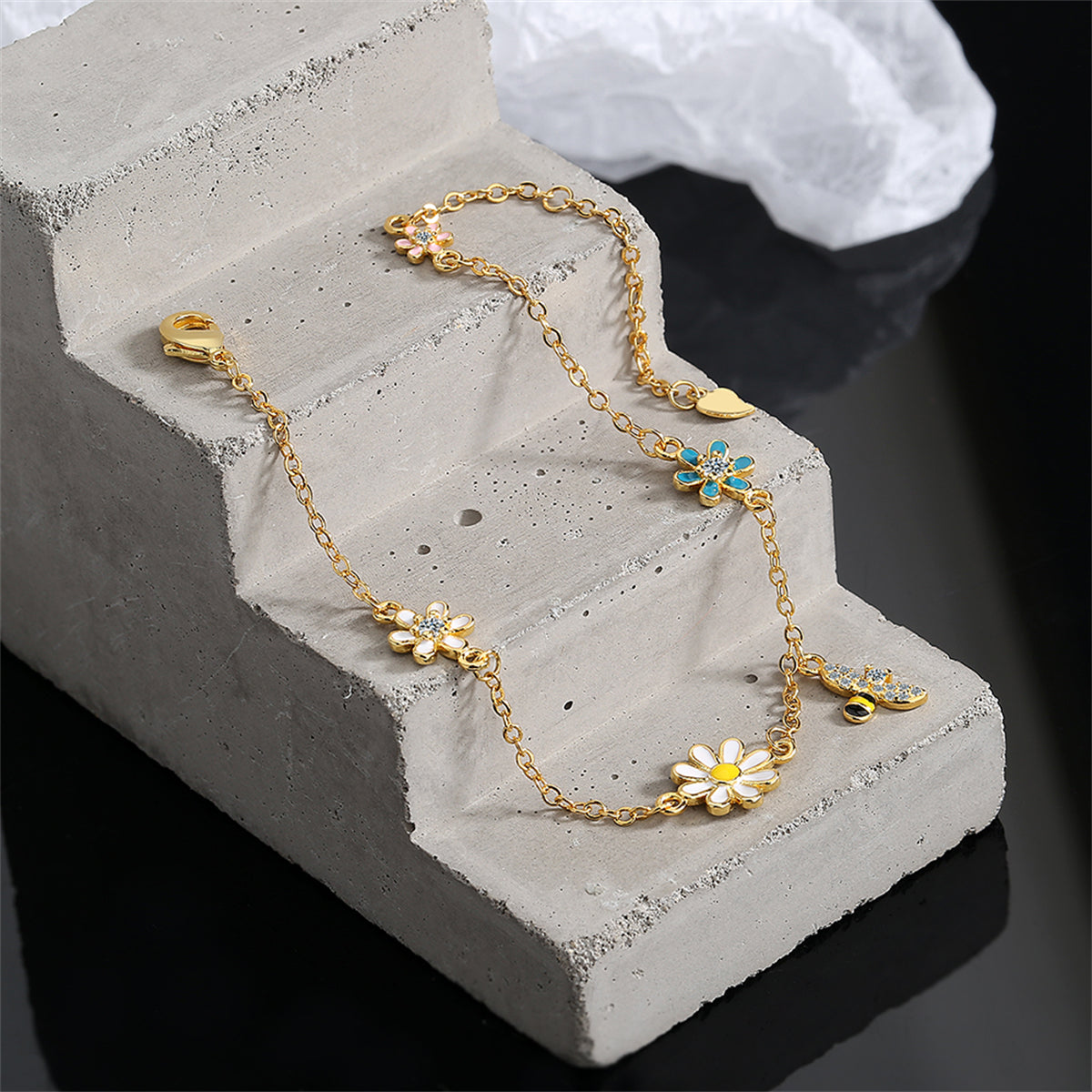 Clear Cubic Zirconia and Enamel 18K Gold-Plated Bee Mum Charm Bracelet, gold bracelet for women, side view