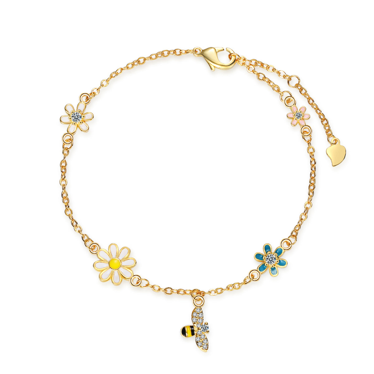 Clear Cubic Zirconia and Enamel 18K Gold-Plated Bee Mum Charm Bracelet, gold bracelet for women, front view