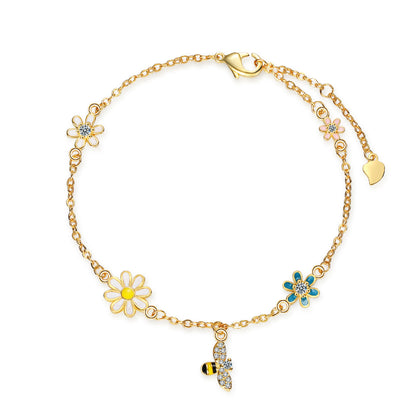 Clear Cubic Zirconia and Enamel 18K Gold-Plated Bee Mum Charm Bracelet, gold bracelet for women, front view