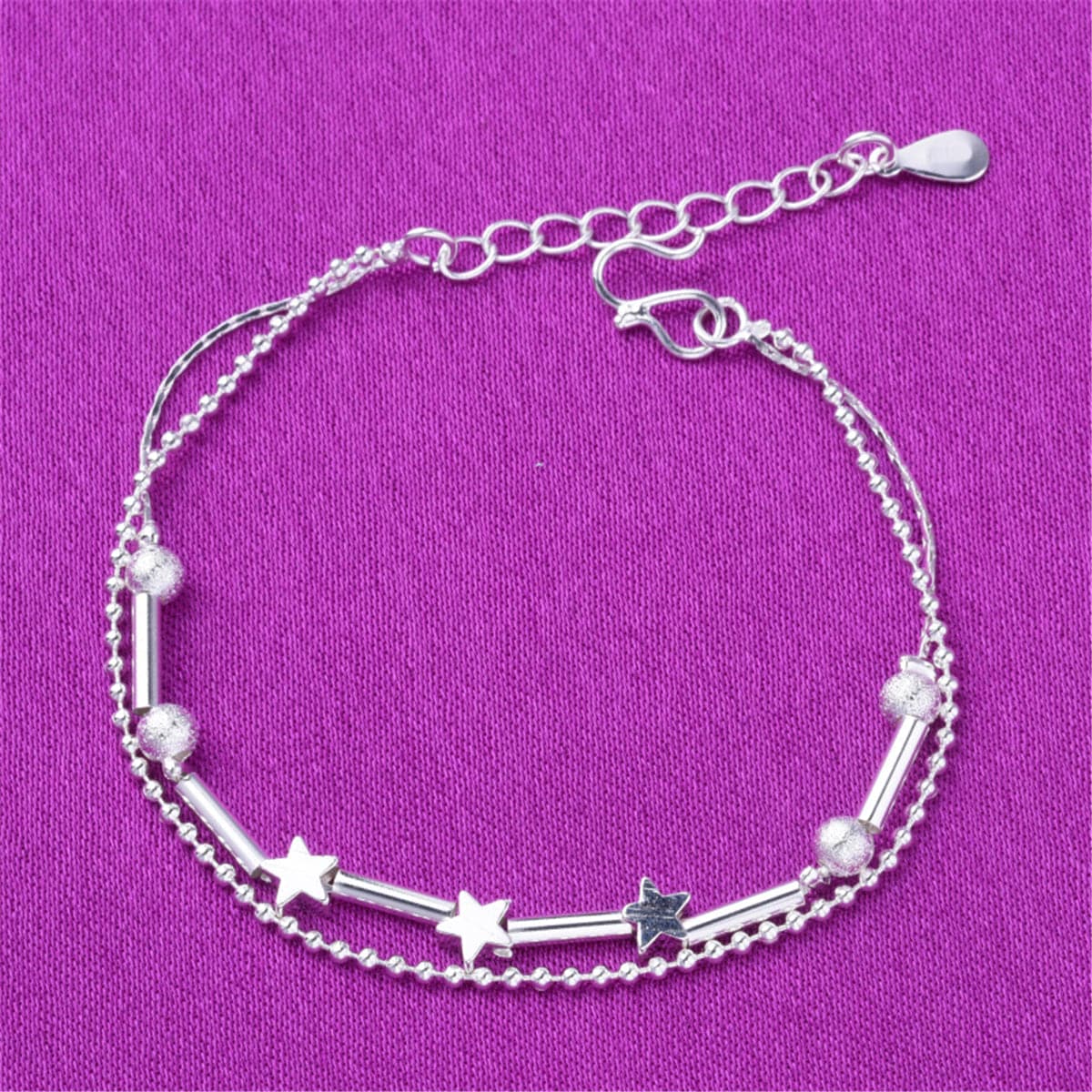 Silver-Plated Star & Bead Double-Strand Anklet