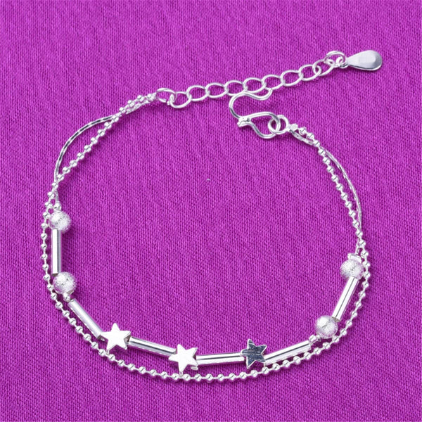 Fine Silver-Plated Star & Bead Double-Strand Anklet