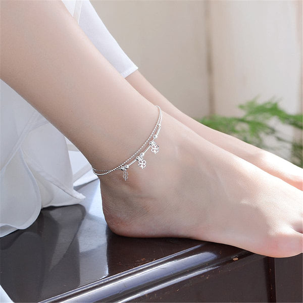 Silvertone Open Clover Layered Anklet